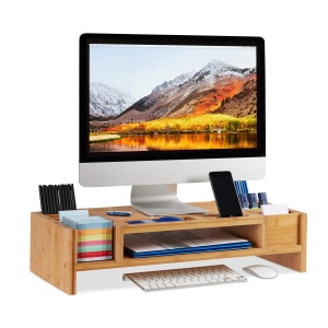 Suport Monitor din Bambus Relaxdays, Ergonomic, 14 Compartimente, 15x65x28 cm, Natur