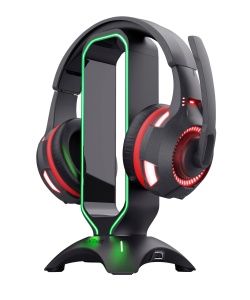 Suport pentru casti Trust Gaming GXT 265 Cintar RGB, Suport pentru casti, 2 porturi USB, Se potriveste tuturor castilor, Suport pentru casti cu margini iluminate cu LED - Negru