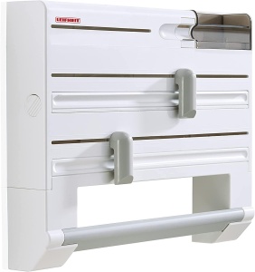 Suport pentru role de perete Leifheit Parat Plus ComfortLine Series, pentru fiecare bucatarie, dozator de taiere dovedit pentru aluminiu si folie alimentara, taietor de folie cu cutit special, alb