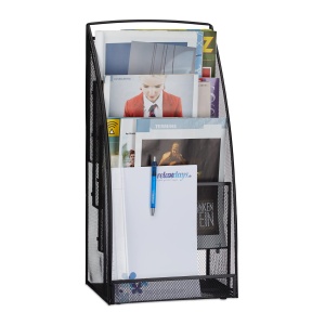 Suport reviste Relaxdays, metal, 4 compartimente, 60x30x22 cm, negru