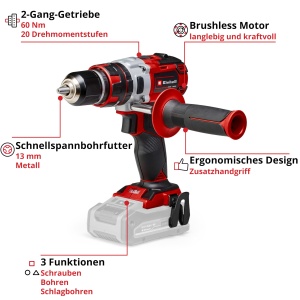 Surubelnita profesionala cu acumulator Einhell TP-CD 18 Li-i BL Solo Power X-Change (18 V, functie de impact, fara perii, 60 Nm, 2 viteze, mandrina de gaurit metalica de 13 mm, lumina LED, fara baterie) - Img 3