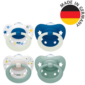 Suzeta pentru bebelusi NUK Signature Day & Night | 0-6 luni | Calmeaza 95% dintre bebelusi | Suzete din silicon in forma de inima fara BPA | Straluceste in intuneric | Stele | 4 bucati - Img 7