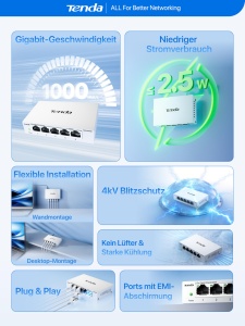 Switch LAN Tenda TEG1005D, 5-Port, Gigabit, Plug-and-Play, Alb - Img 2