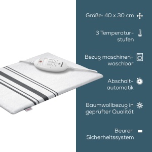 Tampon termic Beurer HK 25, tampon termic dragalas cu 3 niveluri de temperatura, oprire automata si sistem de siguranta, fabricat in Europa, spalabil la masina, 40 x 30 cm, alb-gri - Img 8