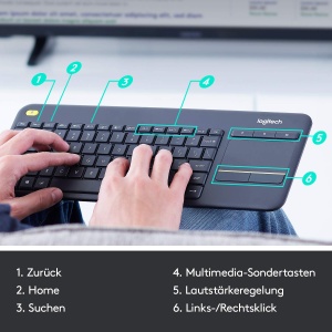 Tastatura TV tactila fara fir Logitech K400 Plus cu touchpad incorporat, Tastatura HTPC pentru PC-uri conectate la televizor, Windows, Android, Chrome OS, laptop, aspect QWERTZ german - Negru - Img 3
