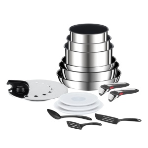 Tefal Ingenio Preference On, set de vase de gatit, 15 bucati, otel inoxidabil, acoperire antiaderenta sigura, stivuibil, economie de spatiu, afisare a temperaturii, inductie, L9749802 - Img 1