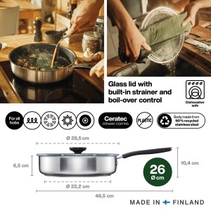 Tigaie cu capac Fiskars Functional Form 1072314 26 cm otel inoxidabil reciclat negru - Img 2