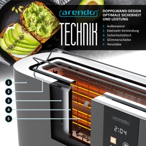 Toaster Arendo LEVEL TOUCH, 2 felii, 1000W, 6 trepte rumenire, ecran LED, Gri - Img 5