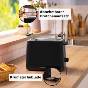 Toaster compact Bosch MyMoment TAT3M123, 800W, negru mat, 2 felii - Img 3