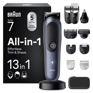 Trimmer multifunctional Braun AIO7565, 13-in-1, 120 min autonomie, albastru, rezistent la apa