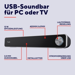 Trust Arys Soundbar, Difuzoare PC, Alimentare USB, Putere de varf 12W, Port AUX de 3.5mm, Difuzoare de computer pentru PC, Monitor, Laptop, TV, Muzica - Negru - Img 2