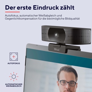 Trust Teza 4K Ultra HD Webcam, 3840x2160 cu 2 Microfoane si Autofocus, 30 FPS, USB Plug & Play, Camera Web pentru Echipe, Zoom, Skype, PC, Laptop, Mac, MacBook - Negru - Img 2