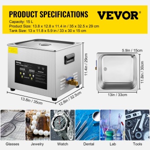 Ultrasunete Curatator VEVOR 15 L, 600 W, 360 W, cu Timer Digital - Img 7