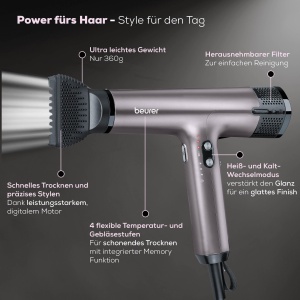 Uscator de par Beurer HC 100 Excellence, uscator de par cu motor digital puternic, se usuca cu pana la 20% mai repede, greutate redusa, deosebit de silentioasa, functie ionica pentru par stralucitor, inclusiv difuzor de volum - Img 3