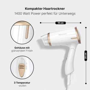 Uscator de par pliabil ProfiCare(r) | Uscator de par 1400W | Economie de spatiu cu maner rabatabil | Airstyler compact | 2 etape | Setare la rece pentru Style Fix | Protectie la supraincalzire | Sampanie PC-HT 3009 - Img 2