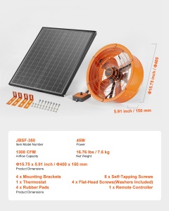 Ventilator solar VEVOR, 400 x 150 mm, ventilator alimentat cu energie solara, ventilator de evacuare la mansarda cu termostat reglabil, grila exterioara, capacitate de flux de aer de 1300 cfm, pentru fronton, acoperis, garaj, atelier - Img 8