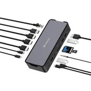 Verbatim USB-C Pro Docking Station, 15-in-1 Hub, Multiport Adapter pentru HDMI 4K si 8K, USB-A si USB-C, PD 80 W, AUX, Card Reader, pentru Mac / Windows Laptop und Co