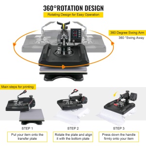 VEVOR 1200W Heat Press 8 IN 1 T-Shirt Press, 38 x 38cm Black Heat Press, Tricou Heat Press pentru aplicarea literelor, numerelor si modelelor pe sepci, tricouri, cani, farfurii 51 x 40 x 47cm - Img 5