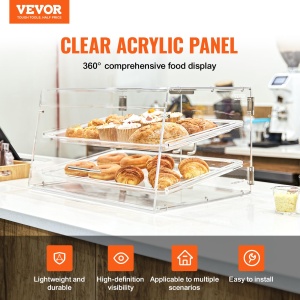 Vitrina de patiserie VEVOR cu 2 niveluri, tavi comerciale 510 x 350 x 35 mm, vitrina de panificatie, vitrina acrilica cu acces la usa din spate si rafturi detasabile, pentru covrigi gogosi, prajituri, prajituri etc. - Img 2
