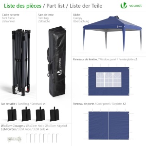 VOUNOT Foisor 3x3m Impermeabil Grajd Rezistent la iarna, Pop Up Foisor pliabil cu 4 panouri laterale si 5 saci de nisip, Cort pliabil pentru petreceri Cort de gradina Foisor de gradina incl. Geanta, Glau - Img 2