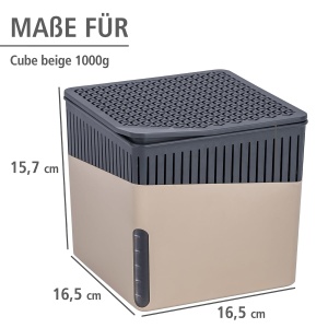 WENKO Dezumidificator de camera Mod. Cube, dezumidificator reduce mucegaiul si mirosurile, tava de scurgere cu bloc de granule de 1 kg reincarcabil, retine pana la 1,6 l de umiditate, 16,5 x 15,7 x 16,5 cm, bej - Img 5