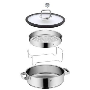 WMF Vitalis Aroma Steamer 28 cm, Oala cu aburi, Prajitor rotund 5.0l, Oala cu aburi, Capac din sticla cu margine din silicon, Termometru de gatit, Tava de gatit, Cromargan din otel inoxidabil neacoperit, rezistent la cuptor - Img 3