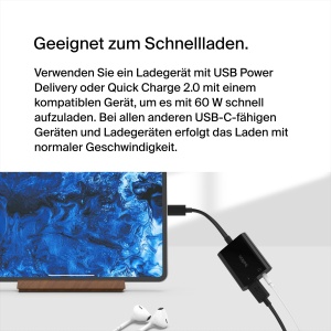 Adaptor audio si de incarcare Belkin RockStar, 3,5 mm USB-C, 60 W, negru - Img 3