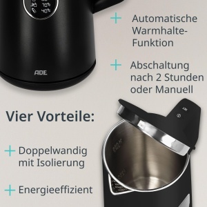ADE Ceainic cu economie de energie cu setare a temperaturii 40-100degC | 1,5 l | Otel inoxidabil | Fara BPA | negru mat - Img 4