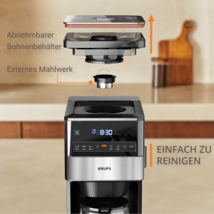 Aparat de cafea cu filtru Krups Grind Aroma XL, rasnita conica detasabila, panou de control digital, capacitate XL (1,5 l), functie de mentinere la cald, ulcior de sticla, negru/otel inoxidabil, KM842810 - Img 6