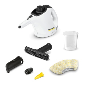Aparat de curatat cu abur Karcher SC 1, presiune abur: 3 bari, timp de incalzire: 3 min., putere: 1.200 W, suprafata: 20 m2, rezervor: 200 ml, cu mana, jet spot si duza de putere, capac din microfibra si perie rotunda - Img 1