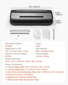 Aparat de sigilare in vid VEVOR 80 Kpa, 120 W, aparat de sigilare in vid pentru alimente, aparat de etansare cu film 7 in 1, sistem automat de etansare a aerului cu cutter integrat, cu 10 pungi de vid si 1 rola de sac - Img 7
