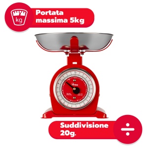 ARDES - Cantar mecanic de bucatarie in stil retro AR1PA3M, cantar vintage Bascula cu bol detasabil din otel inoxidabil - Greutate maxima 5 kg - Rosu - Img 2