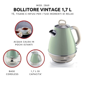 Ariete Vintage Kettle 2869, Ceainic electric retro cu nivel vizibil al apei, baza fara fir la 360deg, oprire automata, strecuratoare de ceai, capacitate 1,7 l, otel inoxidabil, 2000 W, verde - Img 2