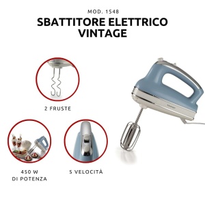 Ariete Vintage, mixer de mana multifunctional 1548, 5 viteze, functie turbo, 2 teluri din otel inoxidabil pentru biciuire si framantare, potrivit pentru aluat de tort si pizza si frisca, 450W, albastru deschis - Img 2