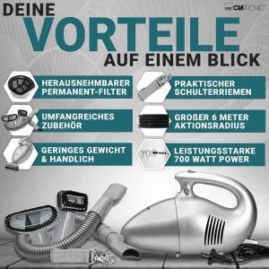 Aspirator de mana Clatronic(r) cu 700 de wati si greutate redusa | Aspirator pentru aspirarea tapiteriei, masinilor, computerelor si multe altele. | Aspirator cu cablu de 6 m si filtru permanent de praf | incl. accesorii | HS 2631 - Img 8