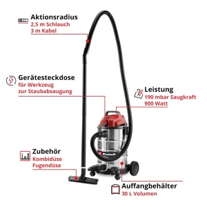 Aspirator multifunctional Einhell TC-VC 3055 SA 30L 900W pentru curatare umeda si uscata - Img 2