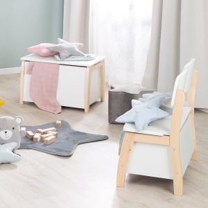 Banca de depozit pentru copii roba, din lemn masiv si MDF, design bicolor, 31.5 cm - Img 2