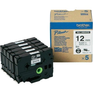 Banda de scris Brother HGE231V5, 12mmx8m, alb-negru, laminata, multipack 5 bucati