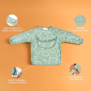 BEABA, Baveta pentru bebelusi, Salopeta pentru bebelusi, Baveta pentru mama, Impermeabila, Salopeta elastica, Salopeta cu maneca lunga, Maneci detasabile, Geanta de prindere, Usor de curatat, Evoluabil, Verde salvie - Img 5