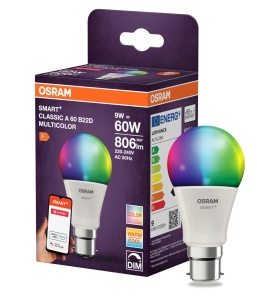Bec LED inteligent Osram SMART A60 B22D, 9W, RGBW, dimabil, control prin aplicatie