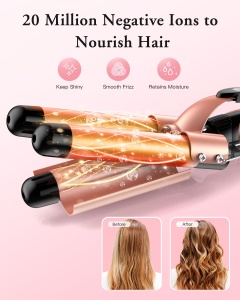 BESTOPE PRO Ondulator Ondulator 3 butoaie Wave Iron 5 in 1 - Set ondulator 3 butoaie pentru valuri mari, reglare temperatura, incalzire rapida si o manusa, 2 cleme, aur roz - Img 5