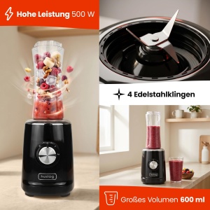 Blender Huslog 500W, 600ml, 4 cutite din otel inoxidabil, Negru - Img 2