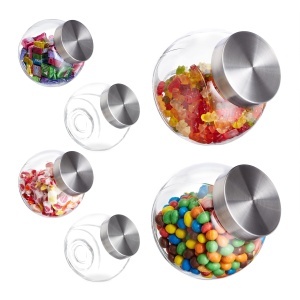 Borcan de depozitare Relaxdays, set 6 buc, 1.5 L, cu capac din inox, transparent