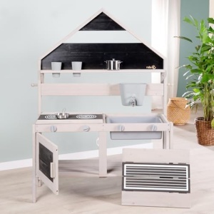 Bucatarie de joaca pentru copii Roba, din lemn FSC, gri, cu accesorii si design de casa - Img 2