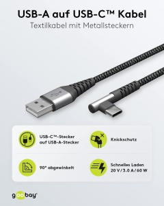 Cablu USB-C la USB-A Goobay 64657, 60W, 2m, Textil, Unghi de 90 - Img 2
