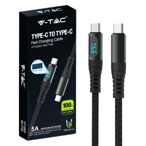 Cablu USB-C V-TAC cu LED - 100W PD, 5A, 1 Metru, Nylon