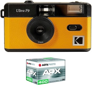 Camera foto Kodak F9 35mm reutilizabila cu blitz integrat film inclus APX 400 galbena