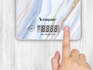 Cantar digital de bucatarie BEPER P102BIL001, blat din sticla securizata, cantar de bucatarie cu afisaj LCD si butoane tactile, functie tara, capacitate maxima 5 kg, oprire automata, model de marmura - Img 6
