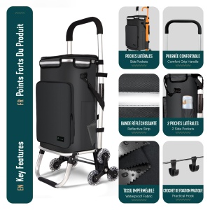 Carucior de cumparaturi VOUNOT cu 6 roti, capacitate 40 kg, impermeabil, negru - Img 4
