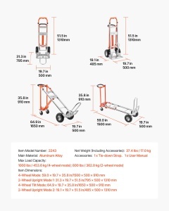 Carucior de transport VEVOR 4-in-1, 453,6 kg capacitate, din aluminiu - Img 7